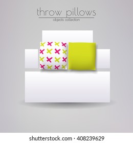 Cushions cover design set. Throw pillows collection. Two cushions lying on the white sofa.