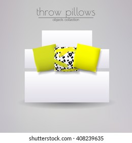 Cushions cover design set. Throw pillows collection. Three cushions lying on the white sofa.