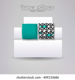 Cushions cover design set. Throw pillows collection. Two cushions lying on the white sofa.