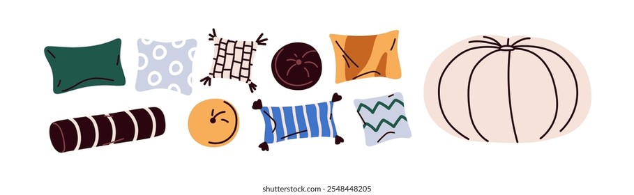 Cushions and pillows, cozy home decoration, different design set. Modern style decorative soft comfortable textile, round and square shapes. Flat vector illustration isolated on white background