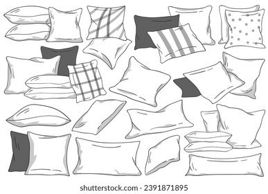 Cushions and pillows sketch drawing black-and-white monochrome set. Soft home bedding accessories for comfort relax vector illustration. Comfortable orthopedic, down, feather pillow-block bad