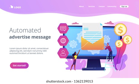 Cusromer receiving automated marketing message, tiny people. Marketing automation system, automated advertise message, marketing dashboard concept. Website vibrant violet landing web page template.