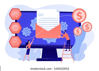 Cusromer receiving automated marketing message, tiny people. Marketing automation system, automated advertise message, marketing dashboard concept. Pink coral blue vector isolated illustration