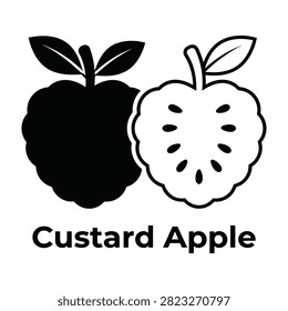 Custard apple fruit symbol set featuring black silhouette and white outline versions. Perfect for tropical food labels, menus, and organic branding.