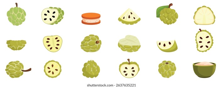 Custard apple icons set. Showcasing various forms of the sugar apple - annona squamosa - , from whole fruits to slices, segments, and a creamy dessert