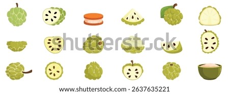 Custard apple icons set. Showcasing various forms of the sugar apple - annona squamosa - , from whole fruits to slices, segments, and a creamy dessert
