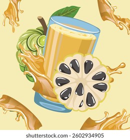 Custard apple slices flying through the air, surrounded by a vibrant splash of juice