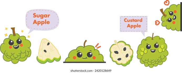  manzana custard, manzana azucarera, vector de dibujos animados de frutas pawpaw aislado, linda, pequeña fruta sonriente, vector, burbuja de habla.