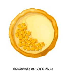 Custard pie, vista desde arriba de la ilustración vectorial. Caricatura aislada tarta redonda entera cocida con fruta cortada en cubos encima y costra crujiente de pastel, torta de azúcar con crema de vainilla y relleno de queso