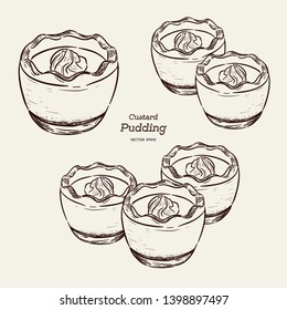 Custard pudding in glass. Hand draw sketch vector.