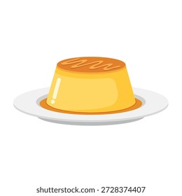 Custard pudding on a plate flat vector illustration on white background