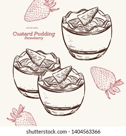 Custard pudding with strawberry in glass. Hand draw sketch vector. Dessert