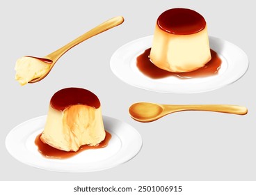 custard pudding and wooden spoon