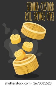 Custard roll sponge cake. Dim sum. Vector illustration