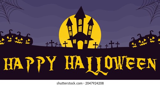Custle and pumpkins illustration. Vector landscape Halloween with a wish for a "Happy Halloween".