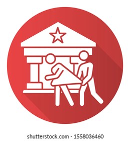 Custodial rape red flat design long shadow glyph icon. Women abuse of person in supervisory position. Violent behavior of policeman. Sexual harassment of female. Vector silhouette illustration