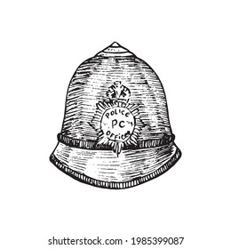 The Custodian Helmet (British Bobby Police Hat),  Gravure Style Ink Drawing Illustration Isolated On White