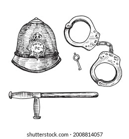 The Custodian Helmet (British Bobby Police Hat), Handcuffs And Key, Police Baton (truncheon Or Nightstick),  Gravure Style Ink Drawing Illustration Isolated On White