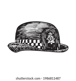 Custodian helmet, British police woman uniform hat, gravure style ink drawing illustration isolated on white background