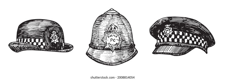 Custodian helmet, british police woman uniform hat, British Bobby police hat, UK police hat  gravure style ink drawing illustration isolated on white