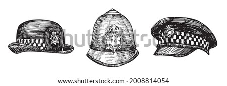 Custodian helmet, british police woman uniform hat, British Bobby police hat, UK police hat  gravure style ink drawing illustration isolated on white