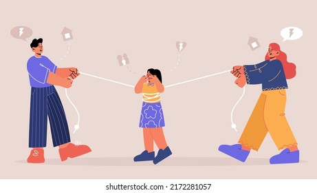 Batalla de custodia, divorcio, lucha de guerra, división infantil, lucha por el dominio en la familia. Padres empujando a su hija a diferentes lados, peleando por el niño, separación de pareja, ilustración de Line art plana Vector