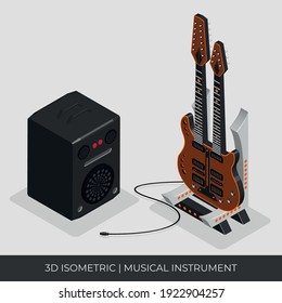 Custom 3d isometric guitar with 2 necks and vector-based amplifier