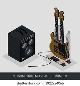 Custom 3d isometric guitar with 2 necks and vector-based amplifier