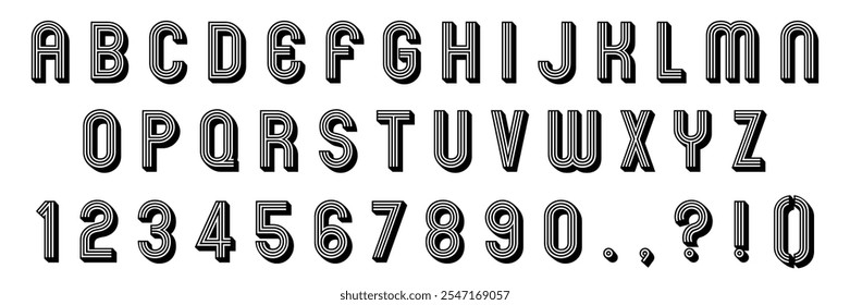 Custom 3d look alike vintage style lettering font alphabet and numbers set. Vector stock illustration can be used in logo or any purpose. Colors can be easily editable and saved in EPS 10.