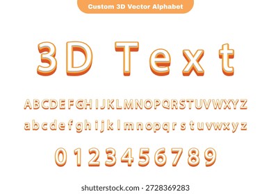 Un alfabeto de Vector 3D personalizado presenta letras mayúsculas, letras minúsculas y números en estilo de sombreado naranja flotando sobre un fondo blanco ideal para proyectos de diseño moderno y presentaciones en sentimiento vibrante brillante.