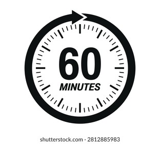 Custom 60 MINUTES text circular stopwatch countdown timer ring gauge layout outline line art vector icon. Standard exam hour timeframe control symbol.