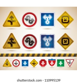 Custom abstract icons set to illustrate different directions, all icons are made in 6 different color options placed at a separate layers. CMYK Color compatible.