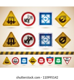 Custom abstract icons set to illustrate different directions, all icons are made in 6 different color options placed at a separate layers. CMYK Color compatible.