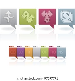 Custom abstract icons set to illustrate different directions, all icons are made in 6 different color options placed at a separate layers. CMYK Color compatible.