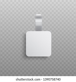 Custom advertising wobbler of square shape hanging on wall - mockup of promotion pointing dangler in realistic style. Isolated vector illustration for supermarket sale announcement.