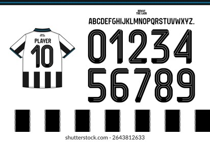 custom alphabet and number set based on the 2025–2026 home jersey design of NEWCASTLE English football club known as The Magpies.  Includes A to Z uppercase letters, numbers 0 to 9