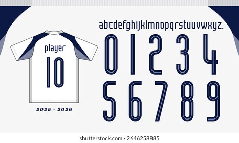 alfabeto personalizado e conjunto de números com base no design da camisa caseira 2025-2026 do Tottenham Hotspur clube de futebol inglês conhecido como spur.  Inclui letras maiúsculas de A a Z, números de 0 a 9