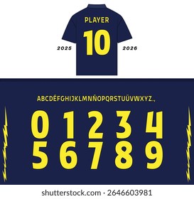 alfabeto personalizado e conjunto de números com base no design de camisa 2025-2026 do Atletico Madrid clube de futebol espanhol conhecido como Mattress Makers. Inclui letras maiúsculas de A a Z, números de 0 a 9