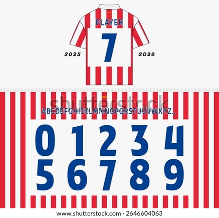 custom alphabet and number set based on the 2025–2026 home jersey design of Atletico Madrid spanish football club known as Mattress Makers. Includes A to Z uppercase letters, numbers 0 to 9