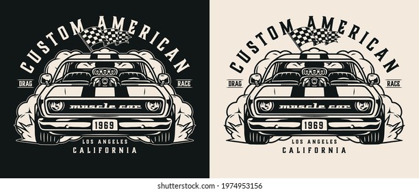 Custom american car vintage monochrome logo with powerful muscle automobile and racing checkered flag isolated vector illustration