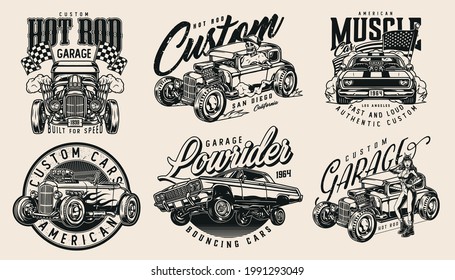 Custom american cars vintage emblems with beautiful mechanic woman holding spanner skeleton driving hot rod muscle and lowrider cars USA and checkered race flags isolated vector illustration