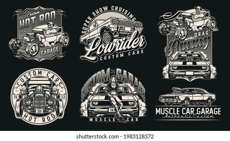 Custom american cars vintage labels with letterings muscle and lowrider cars attractive tattooed woman with wrench skeleton in baseball cap driving hot rod isolated vector illustration