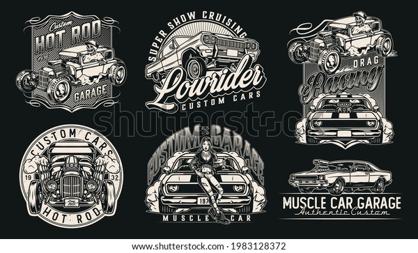 Custom\
american cars vintage labels with letterings muscle and lowrider\
cars attractive tattooed woman with wrench skeleton in baseball cap\
driving hot rod isolated vector\
illustration
