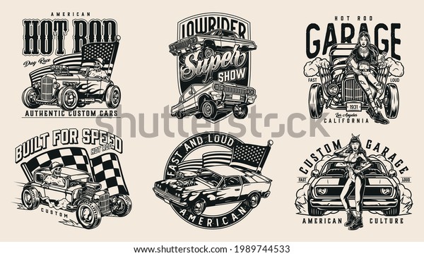 Custom american cars vintage logos with\
skeleton driving hot rod USA and racing checkered flags muscle and\
lowrider cars pretty mechanic women holding spanners isolated\
vector illustration