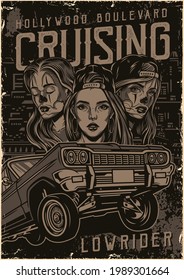 Custom american cars vintage poster with inscriptions lowrider car and attractive girls with tattoos in baseball caps vector illustration