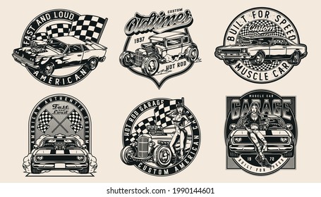 Custom american retro cars vintage badges in monochrome style with beautiful mechanic women with spanners racing checkered flags powerful hot rod and muscle cars isolated vector illustration