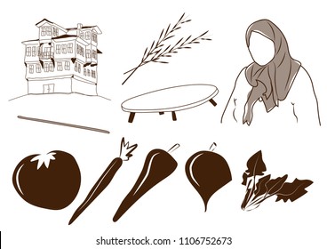 Custom Anatolian vector set: traditional Turkish house, ear of grain, wooden floor table, anatolian woman with headscarf, rolling pin, tomato, carrot, pepper, red cabbage, spinach.
