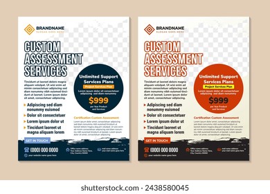 diseño de flyer de servicios de evaluación personalizada. Plantilla de folleto en diseño vertical, colección de póster en A4 con azul, rojo, naranja vector de mezcla de colores Ilustración.