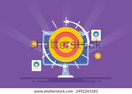 Custom audience targeting, Remarketing, Retargeting, Digital ad campaign target marketing - vector illustration with icons