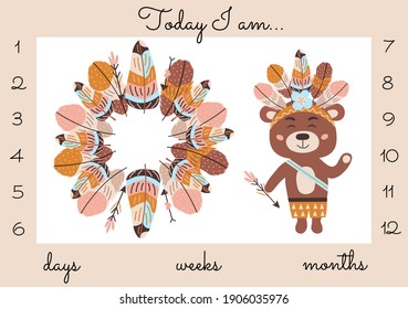 Custom baby monthly milestone  blanket background with bear in boho style. Vector illustration.